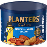 Planters Select Cashews Almonds Pecans canister with reseal lid preserves freshness.