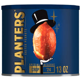 Planters Special Reserve peanuts skin-on canister for premium snacking.