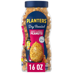 Planters Sweet and Spicy Peanuts jar on shelf, protein-rich on-the-go snack.