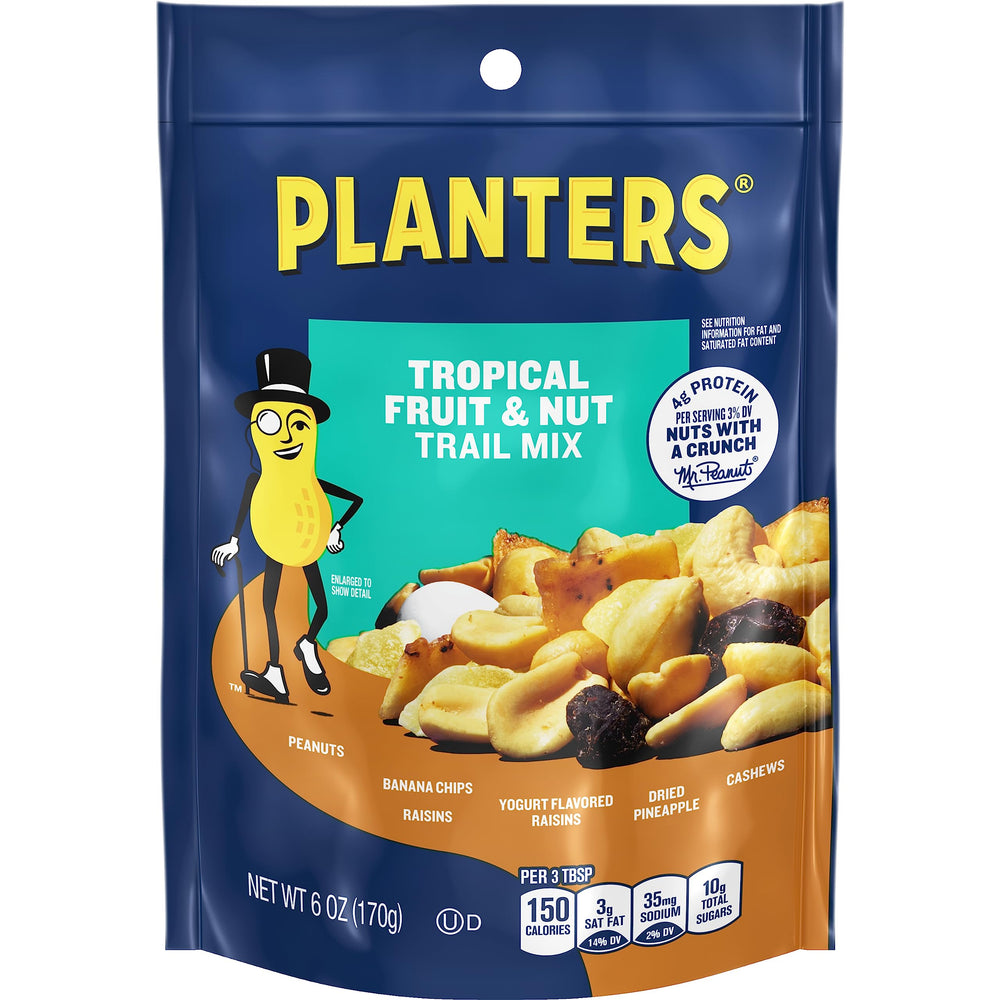 Planters Tropical Fruit and Nuts Trail Mix 6oz front view for on the go snacking.