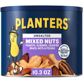 PLANTERS Unsalted Mixed Nuts canister close-up for fresh snacking anytime.