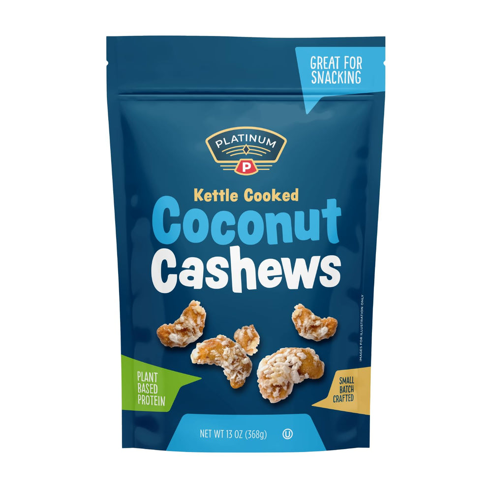 Platinum Kettle Cooked Coconut Cashews in resealable pack showing tropical flavor and protein boost