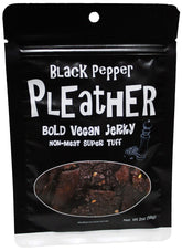 Pleather Black Pepper Jerky close-up highlighting bold seasoning for savory snacking.