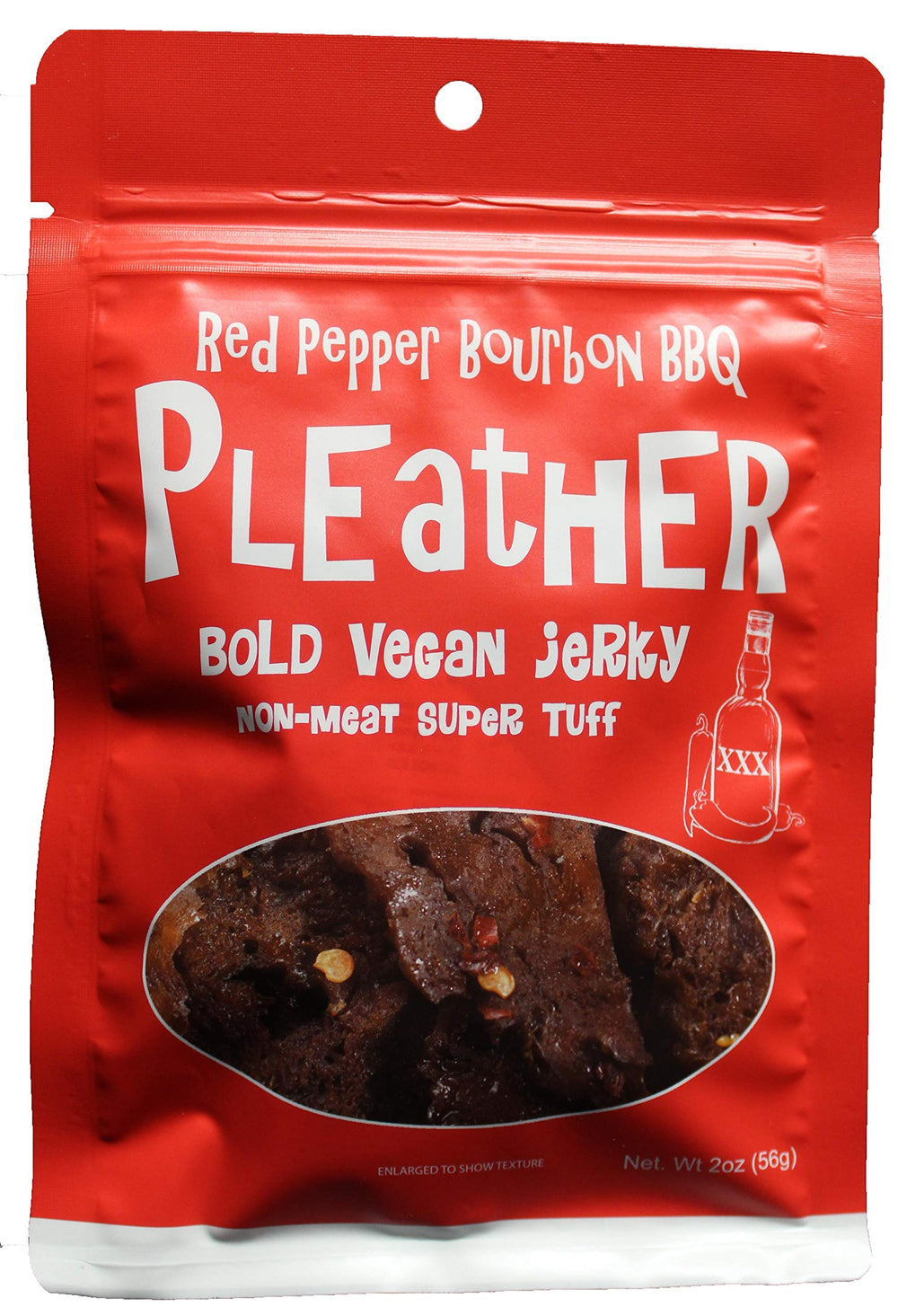Pleather Red Pepper Bourbon BBQ Jerky bottle close-up highlights bold bourbon flavor for road trips