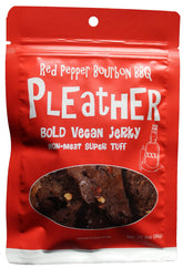 Pleather Red Pepper Bourbon BBQ Jerky bottle close-up highlights bold bourbon flavor for road trips
