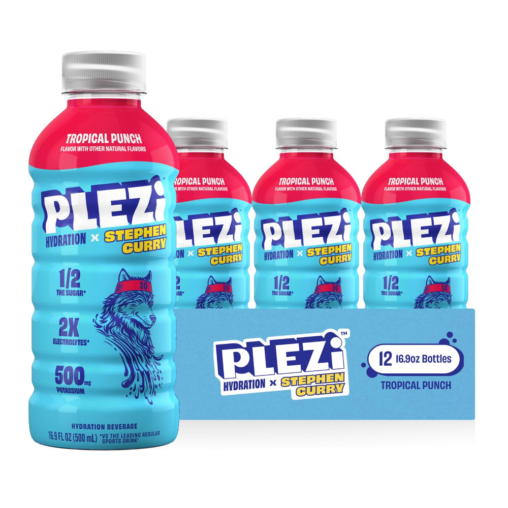 Plezi Tropical Punch bottle side view for on-the-go hydration.