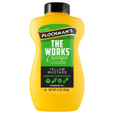 Plochman's The Works Mustard 15oz bottle pouring onto a Chicago-style hot dog.