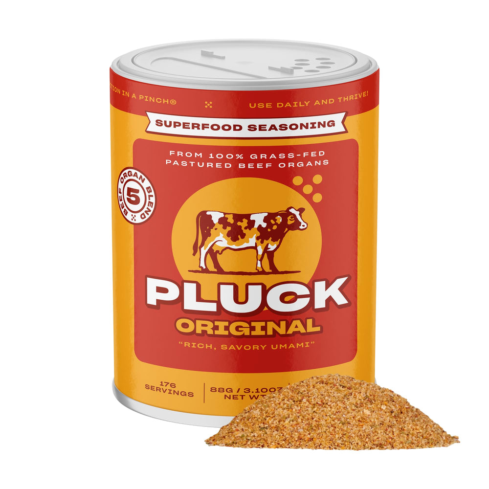 PLUCK Original Organ Meat Blend bottle pour shows easy seasoning for meals.