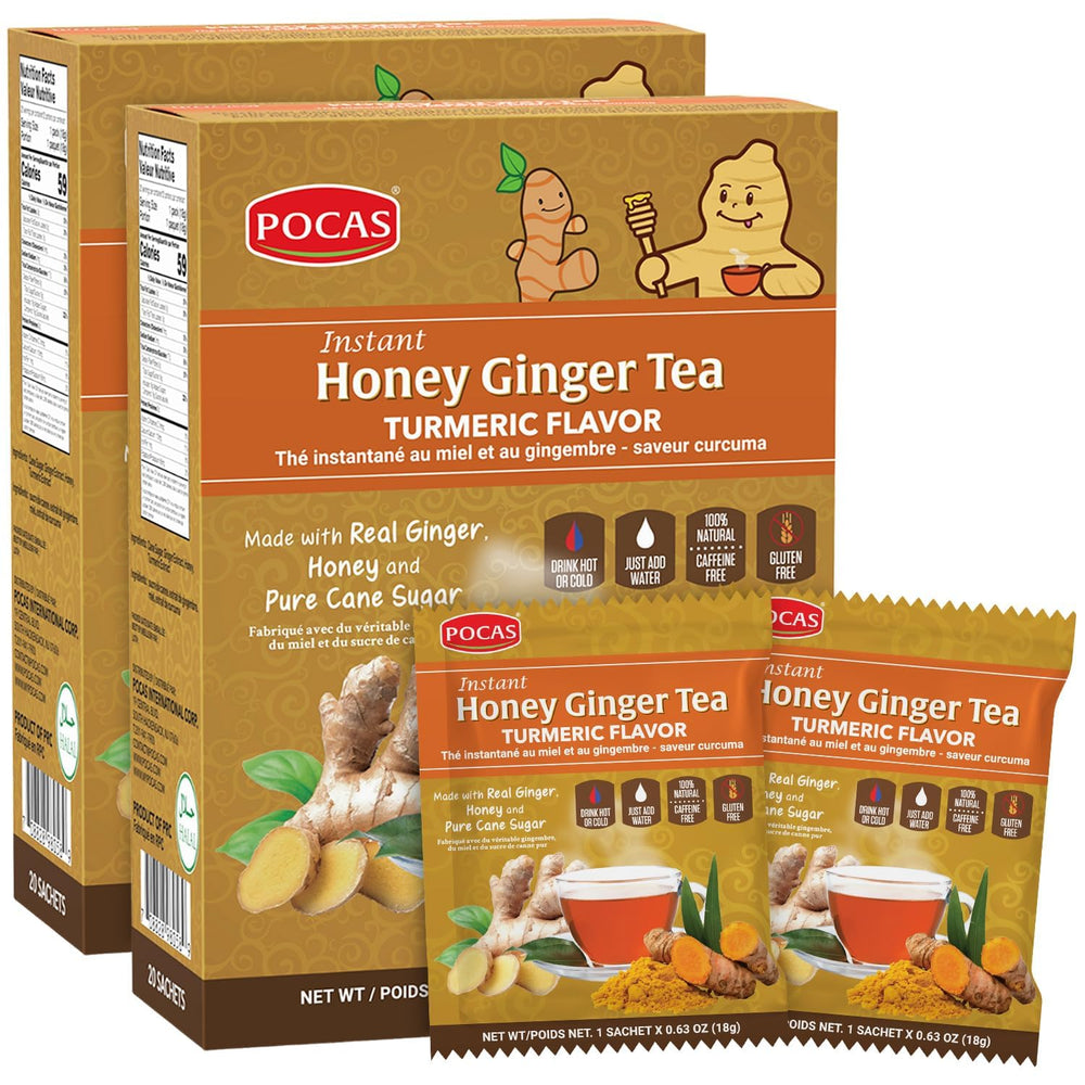 Pocas honey ginger tea crystals dissolving in hot water for a comforting cup.