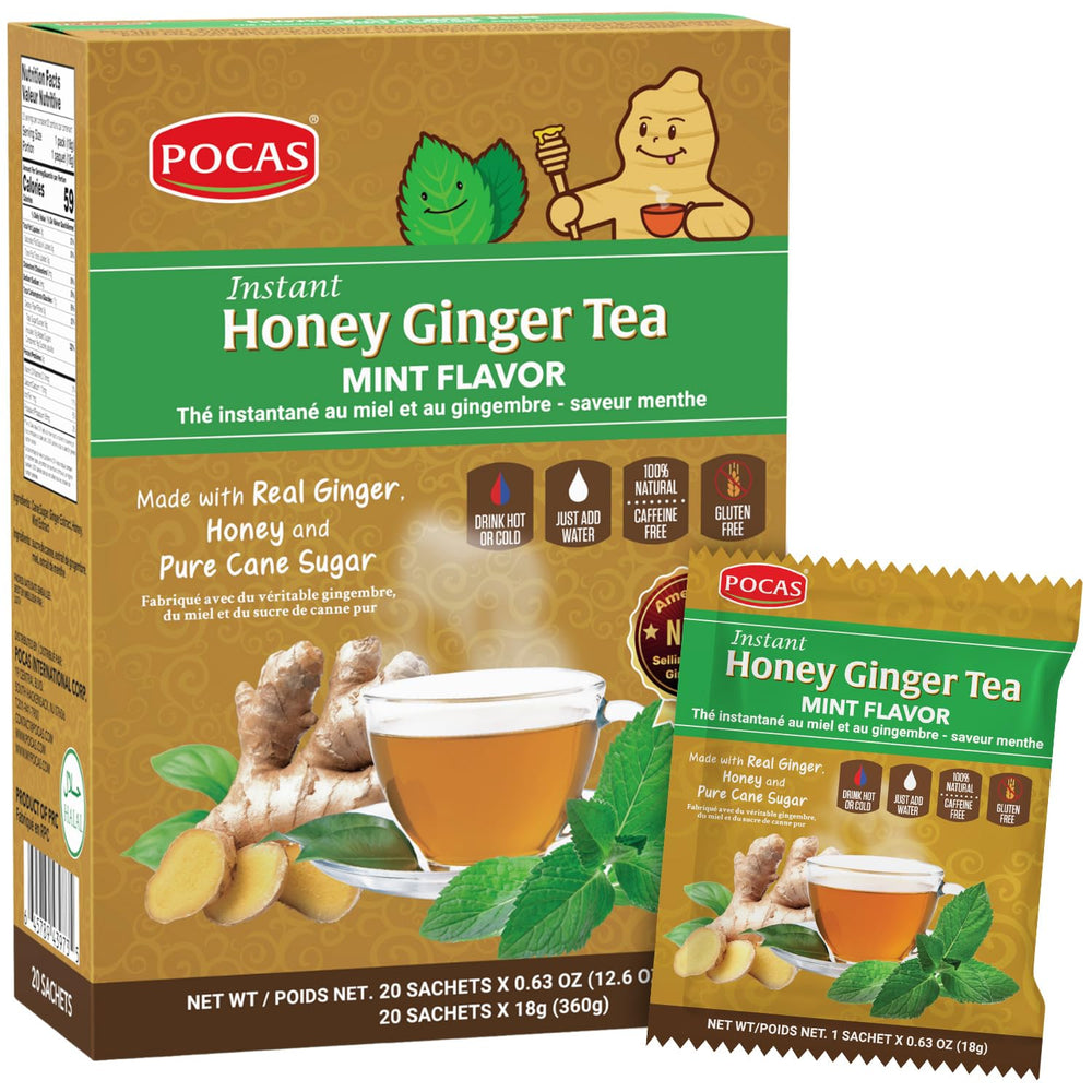 Pocas honey ginger tea crystals dissolving in hot water for a comforting minty cup.