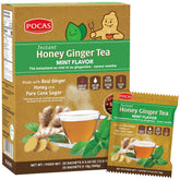 Pocas honey ginger tea crystals dissolving in hot water for a comforting minty cup.