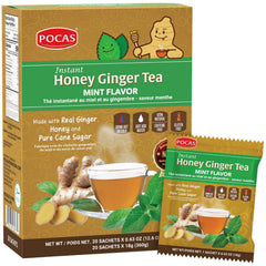 Pocas honey ginger tea crystals dissolving in hot water for a comforting minty cup.