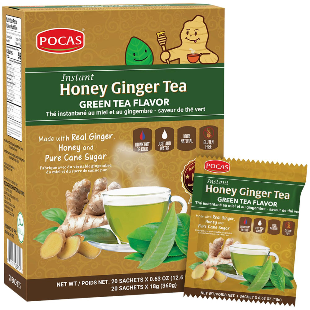 Pocas Honey Ginger Tea Crystals in green tea packaging for on-the-go sipping