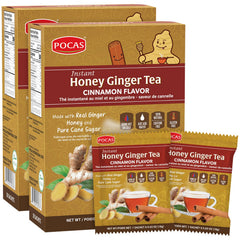 Pocas Tea Powder packaging with honey, ginger, cinnamon for quick prep