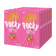 Pocky Strawberry coating close-up, highlighting fruity flavor for a quick snack.