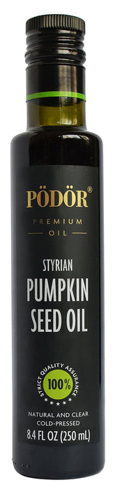 PÖDÖR pumpkin seed oil bottle in dark glass with rich aroma