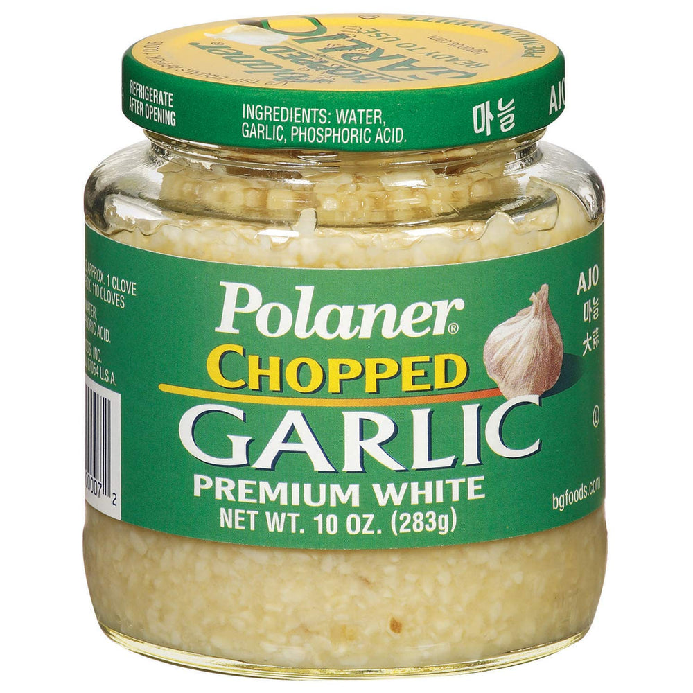 Polaner Premium White Chopped Garlic jar on shelf ready to quick-flavor dishes.