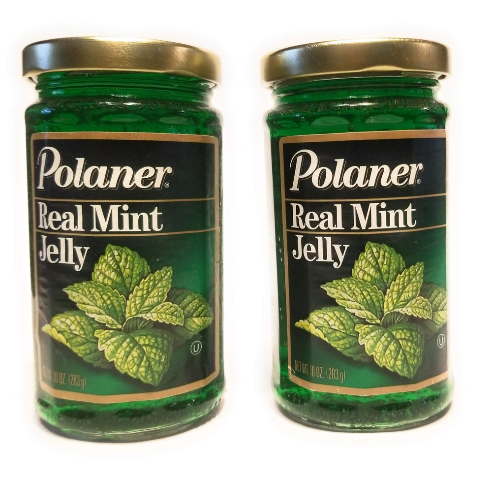 This Polaner Real Mint Jelly 10oz 2-pack label closeup highlights premium branding.