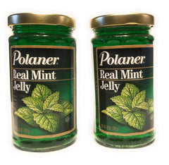 This Polaner Real Mint Jelly 10oz 2-pack label closeup highlights premium branding.