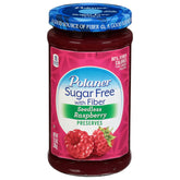 Polaner Sugar Free with Fiber raspberry preserves jar on kitchen counter, seedless flavor for toast