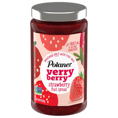 Polaner Verry Berry Fruit Spread bottle front, kid-friendly flavor for breakfast.