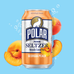 POLAR Seltzer Georgia Peach glass setup emphasizes refreshing hydration with zero sugar.