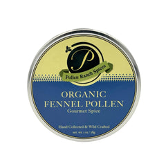 Pollen Ranch fennel pollen tin packaging on kitchen counter, convenient 1 oz portion