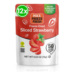 Pol’s Freeze Fresh 12-pack sliced freeze-dried strawberries on shelf ready to snack
