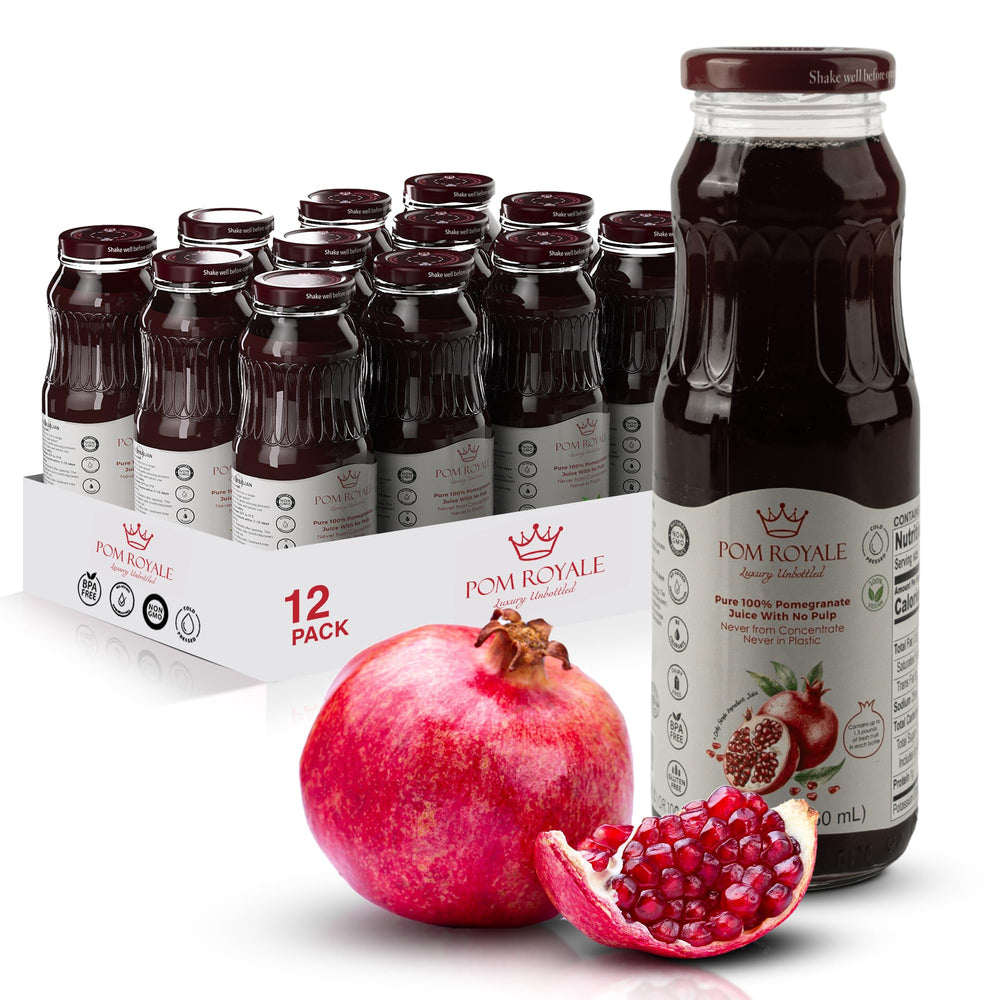 Pom Royale pure pomegranate juice no pulp bottle showing silky texture and convenience