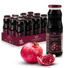 Pom Royale pure pomegranate juice with pulp in an 8.4oz bottle for a refreshing, fiber-rich sip.