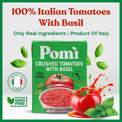 Pomi Basil leaves beside tomatoes suggesting aromatic, vibrant flavor for sauces.