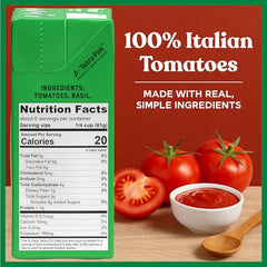Pomi Crushed Tomatoes with Basil label close-up highlights no added salt and gluten-free.