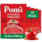 Pomi Strained Tomatoes pack shot showing a 12-pack for easy meal prep.