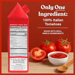 Pomi Tomato Juice bottle pour into glass for a refreshing, low-sodium sip.