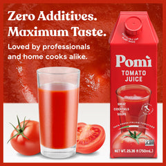 Pomi Tomato Juice label close-up highlights fresh Italian tomatoes.