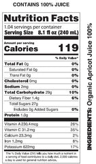 Pomona Organic Apricot Juice label highlights 100% juice and vegan, non-GMO benefits.
