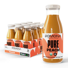 Pomona Organic Peach Juice bottle showing 100% peach flavor for refreshing hydration