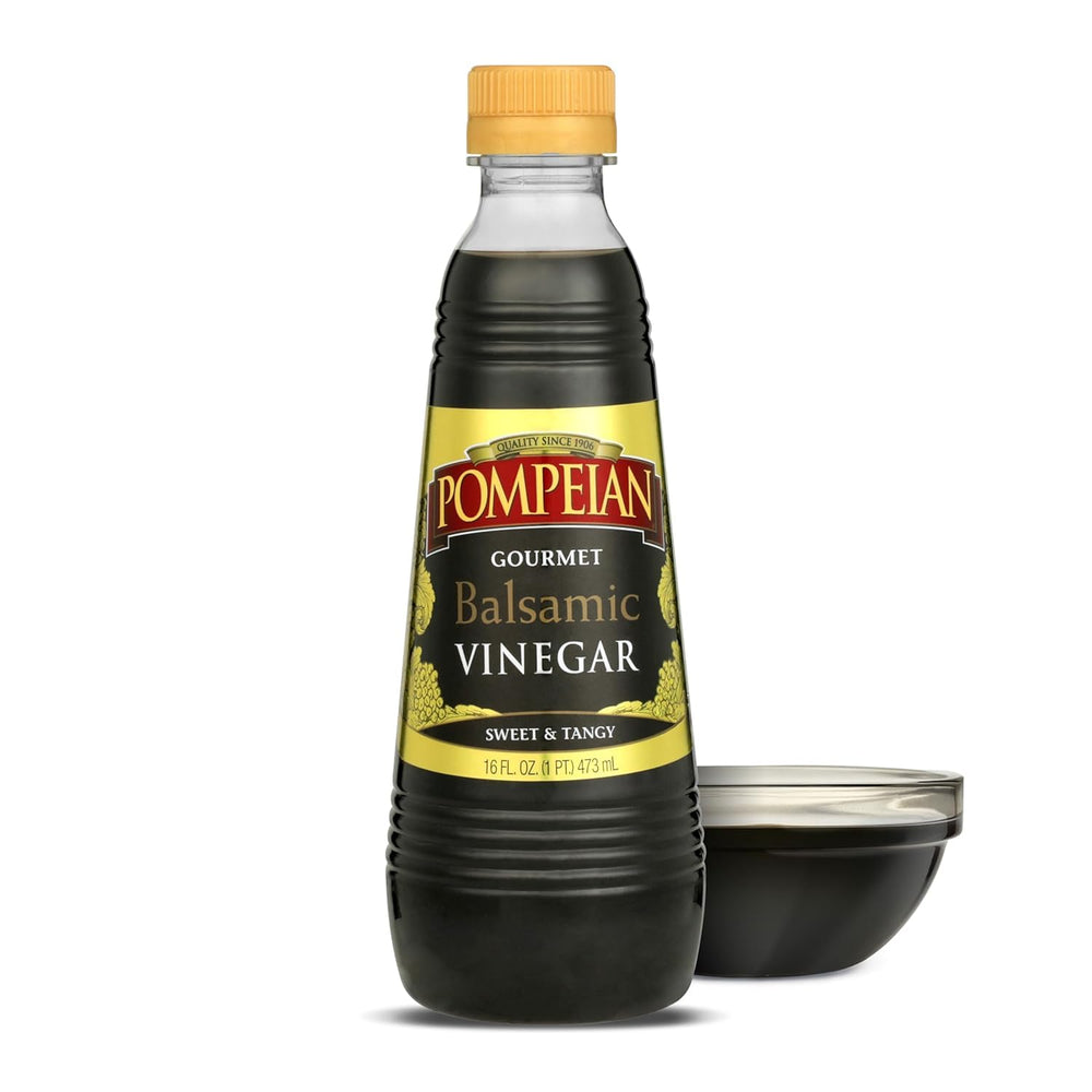 Pompeian Gourmet Balsamic bottle closeup, rich sweet-tangy flavor for dressings.