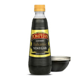 Pompeian Gourmet Balsamic bottle closeup, rich sweet-tangy flavor for dressings.