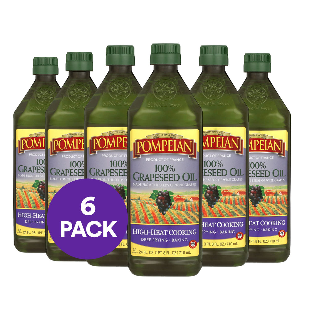 Pompeian grapeseed oil bottle pour demonstrates high-heat cooking versatility