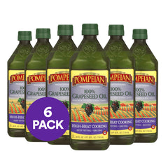Pompeian grapeseed oil bottle pour demonstrates high-heat cooking versatility