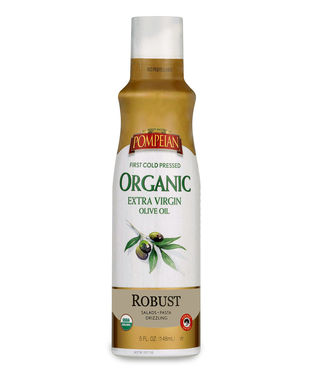 Pompeian Organic Robust EVOO Spray bottle shows even coating for sautéing