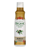 Pompeian Organic Robust EVOO spray bottle in action, propellant-free and easy to use.