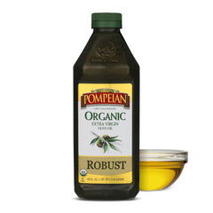 Pompeian Organic Robust EVOO bottle front, ideal for dressings.