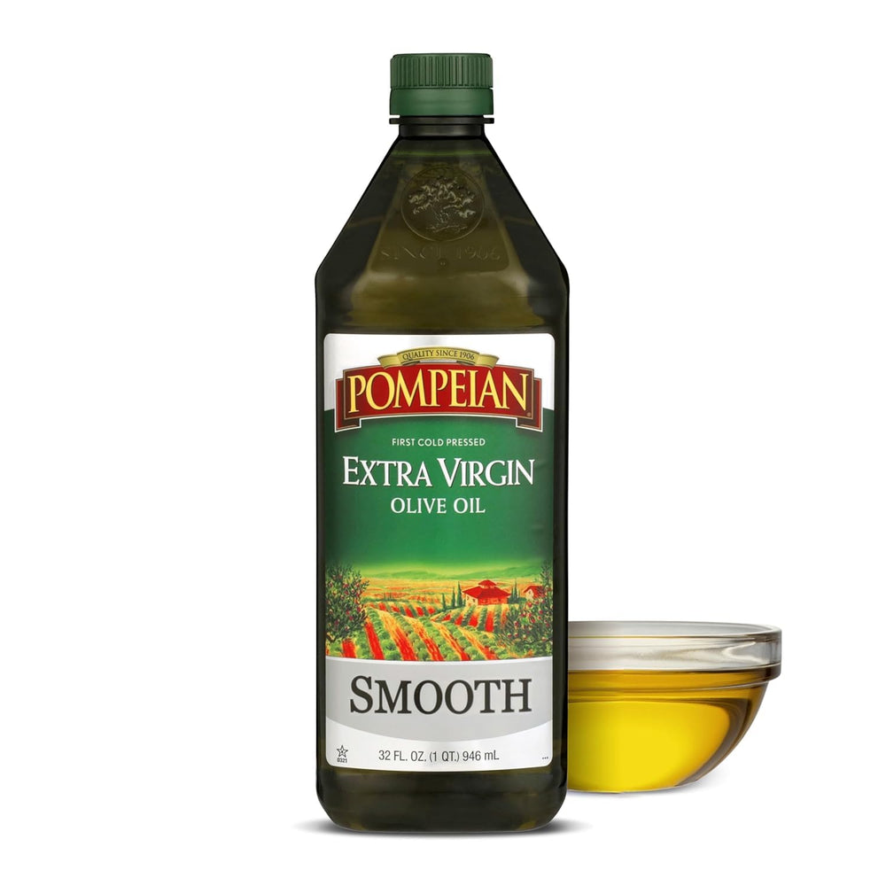 Pompeian Smooth EVOO bottle pour highlighting delicate flavor suitable for sautéing.