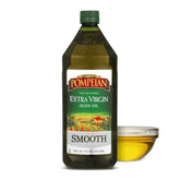 Pompeian Smooth Olive Oil bottle shows first cold pressed quality for everyday cooking.