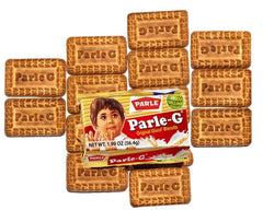 Ponlee Parle-G biscuits 12-pack packaging close-up, shows multi-pack