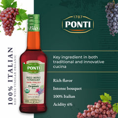 Ponti red wine vinegar in a glass cruet, ready for dressings.