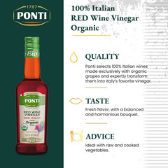 Close-up of Ponti organic red wine vinegar label on the bottle.