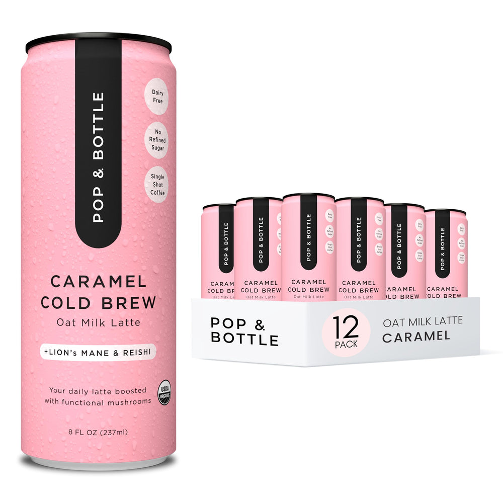 Pop and Bottle oat latte with Lion's Mane and Reishi; caramel flavor for on-the-go focus.